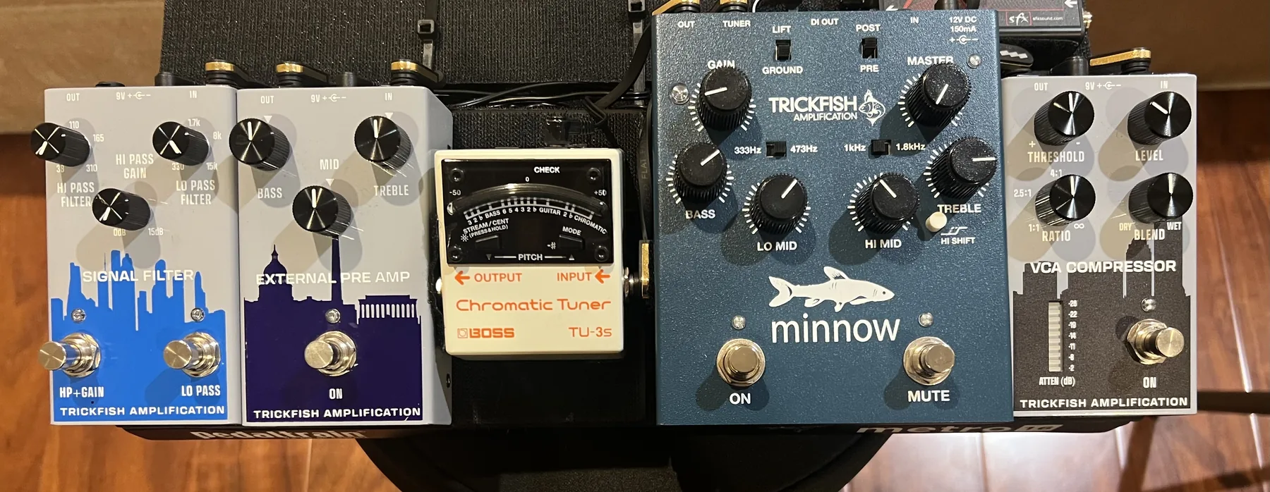 Russ's jazz board on a Pedaltrain Metro: the same Trickfish chain without the Overdrive Preamp