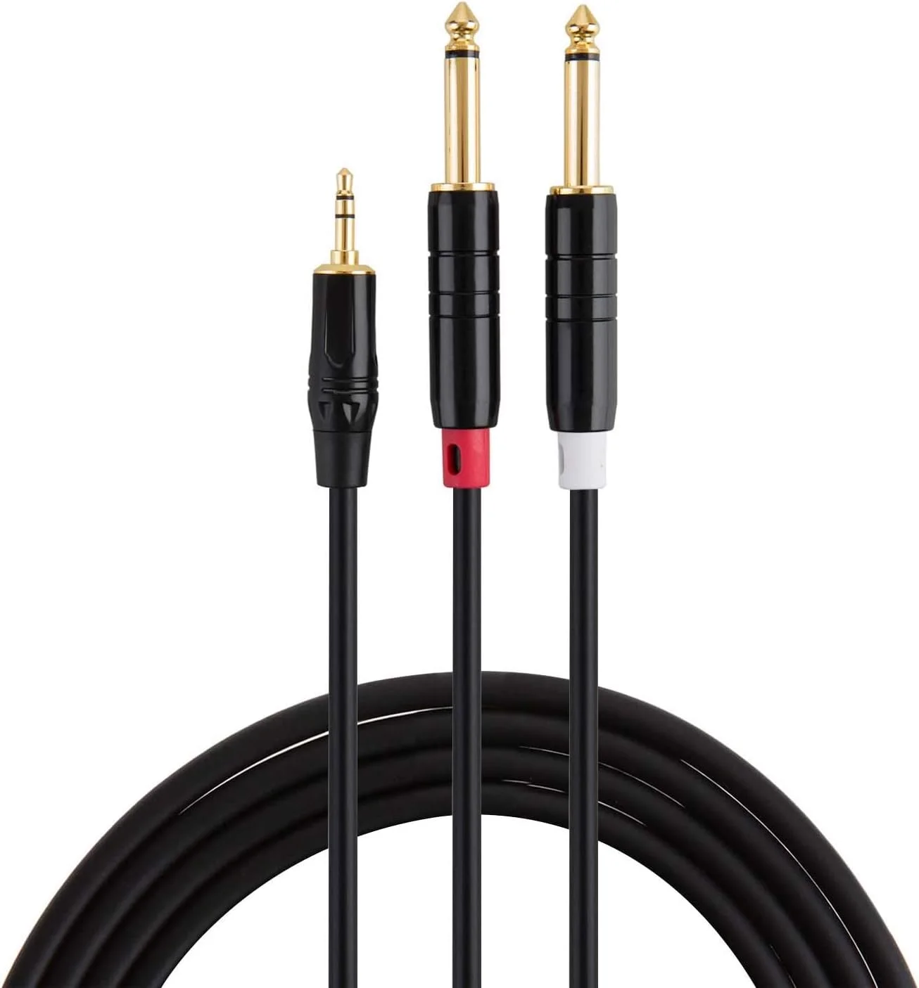 3.5mm to dual 1/4-inch stereo breakout cable: one small plug splits into two large plugs