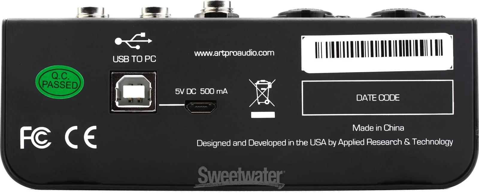 Back panel of the ART USB Mix 4 mixer showing USB TO PC port and 5V DC power input