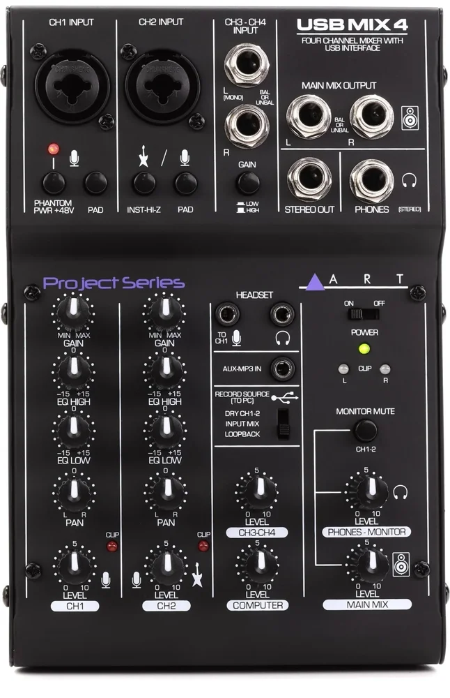 Top view of the ART USB Mix 4 mixer with labeled connections: CH1 for microphone, CH2 for bass, CH3/4 for playback audio, PHONES for headphones, and Record Source switch set to INPUT MIX